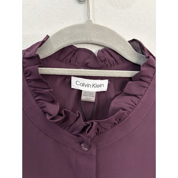 Calvin Klein Collared Flutter Cap Sleeve Cascading Ruffle Button Front Blouse - Picture 3 of 11